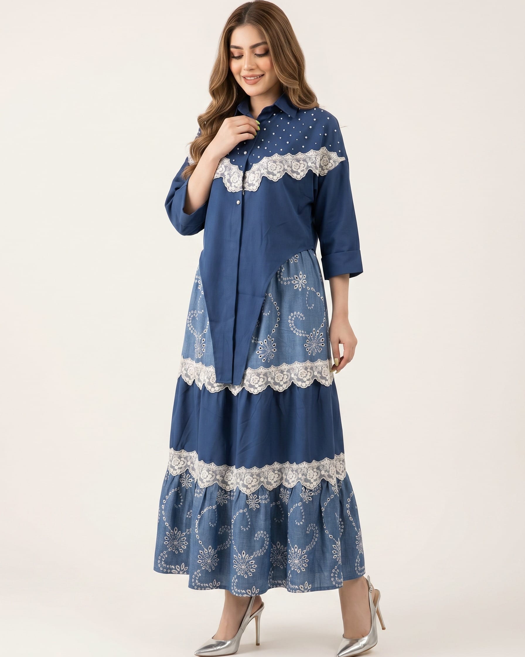 Blue Afghan Embroidered Layered Dress