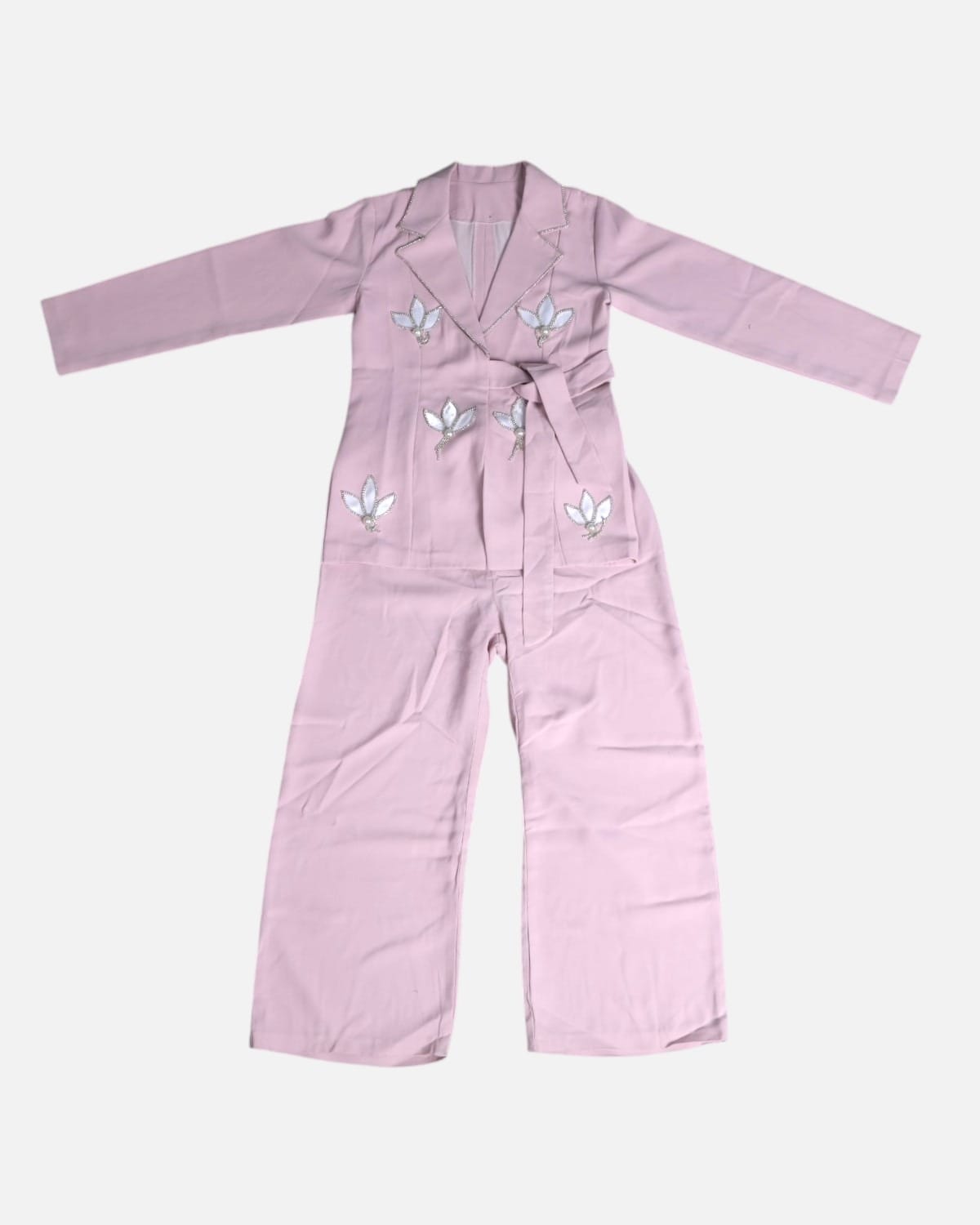 Pink Embroidered Blazer & Wide Leg Pants Set