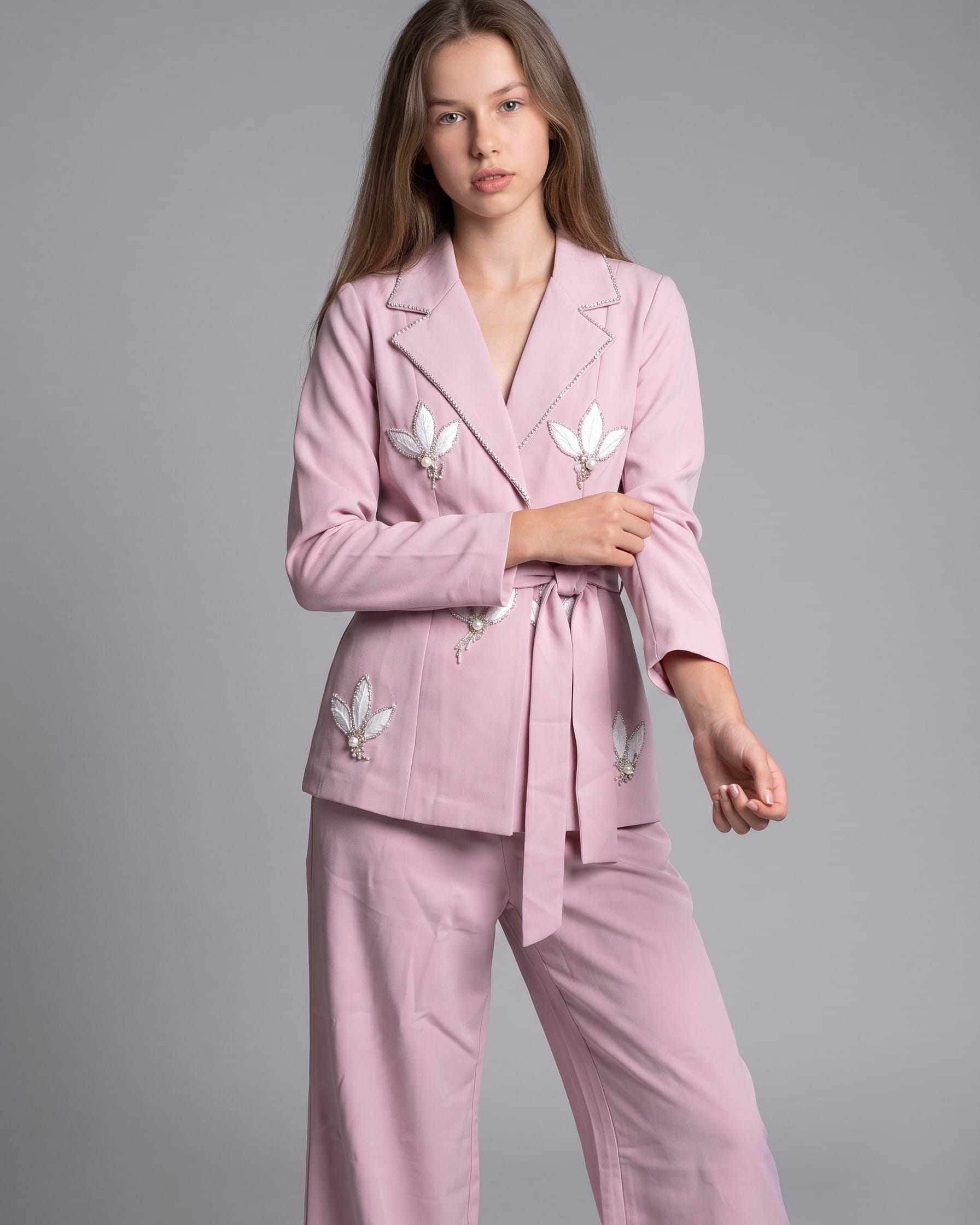 Pink Embroidered Blazer & Wide Leg Pants Set