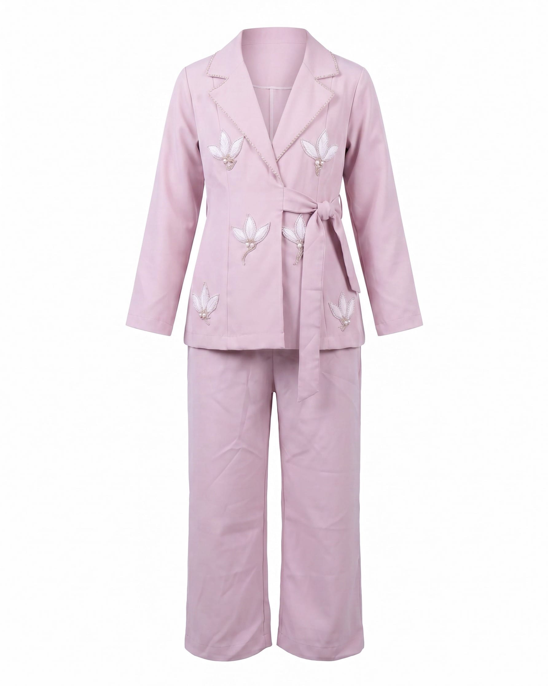 Pink Embroidered Blazer & Wide Leg Pants Set