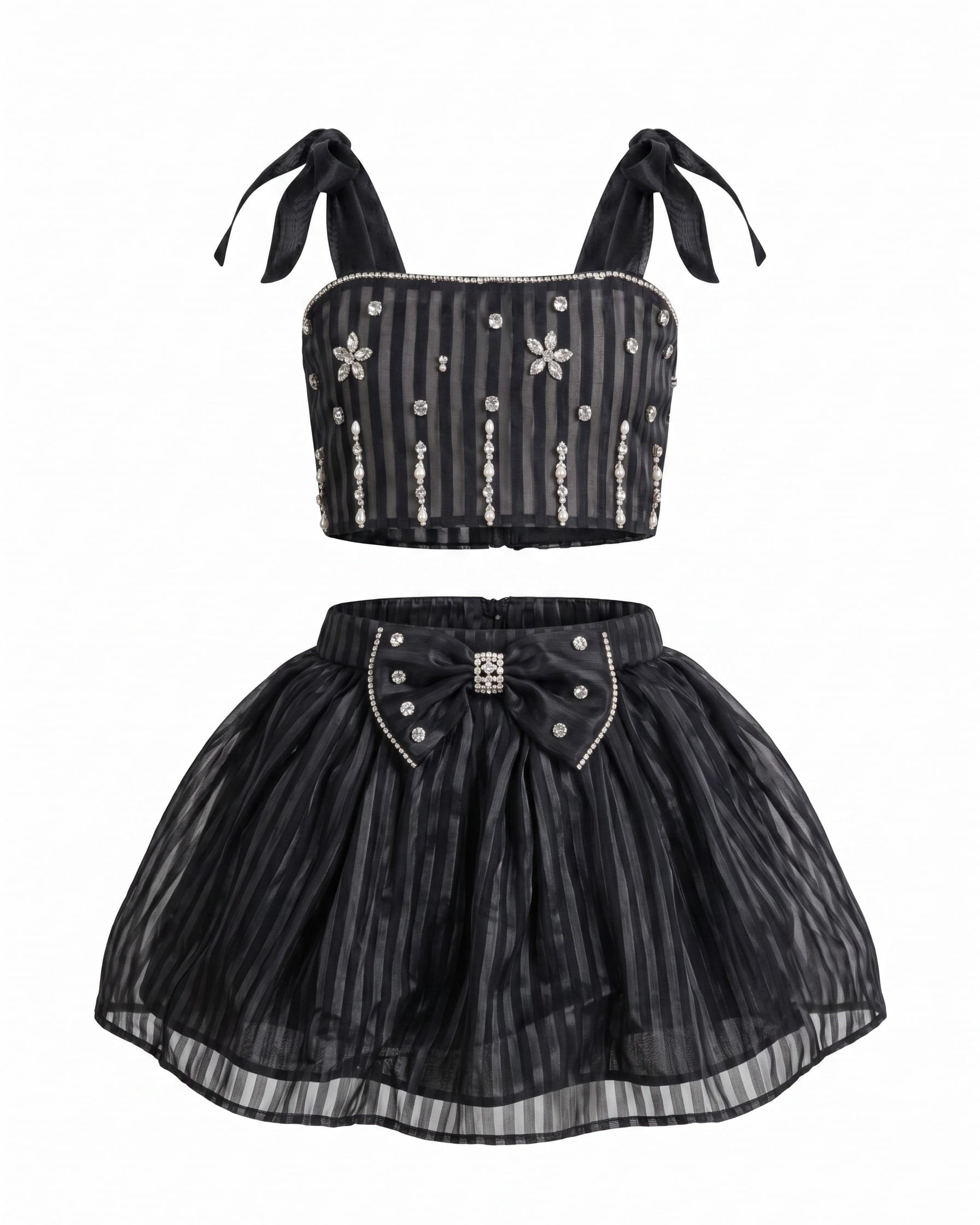 Black Rhinestone Two-Piece Party Dress for Girls