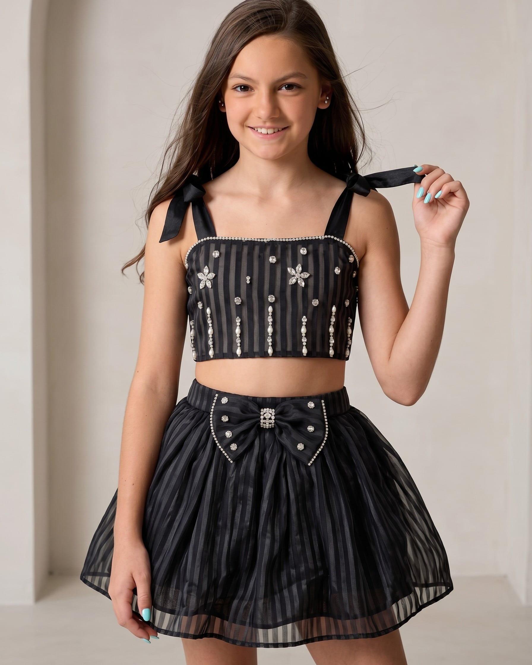 Black Rhinestone Two-Piece Party Dress for Girls