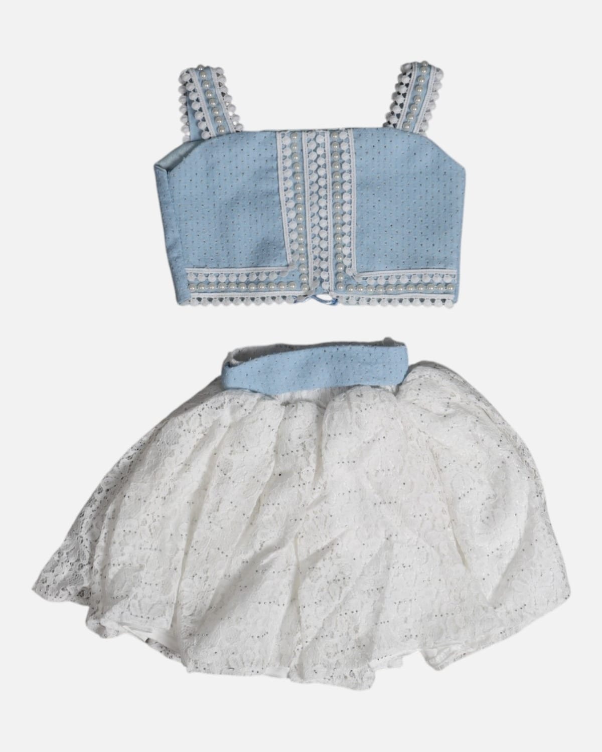 Girls Blue Lace & Denim Top and Skirt Set