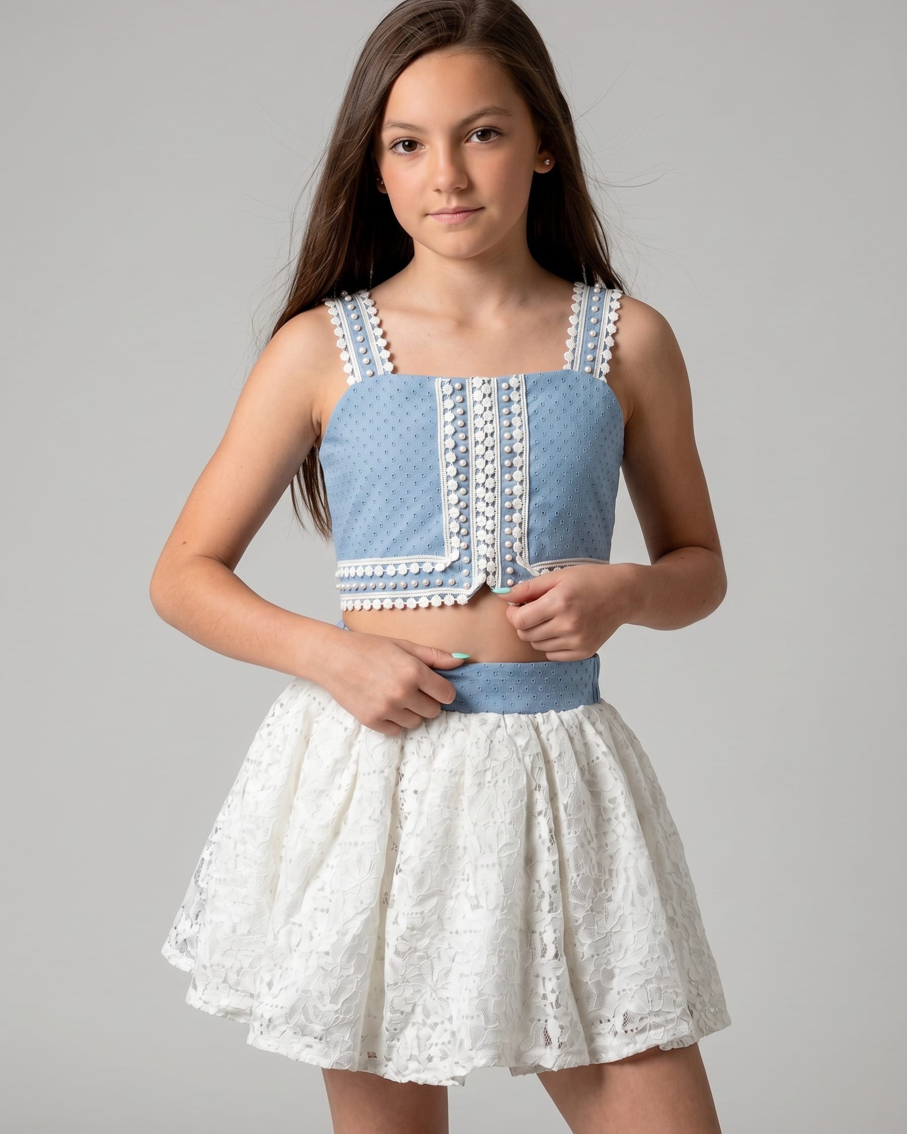 Girls Blue Lace & Denim Top and Skirt Set