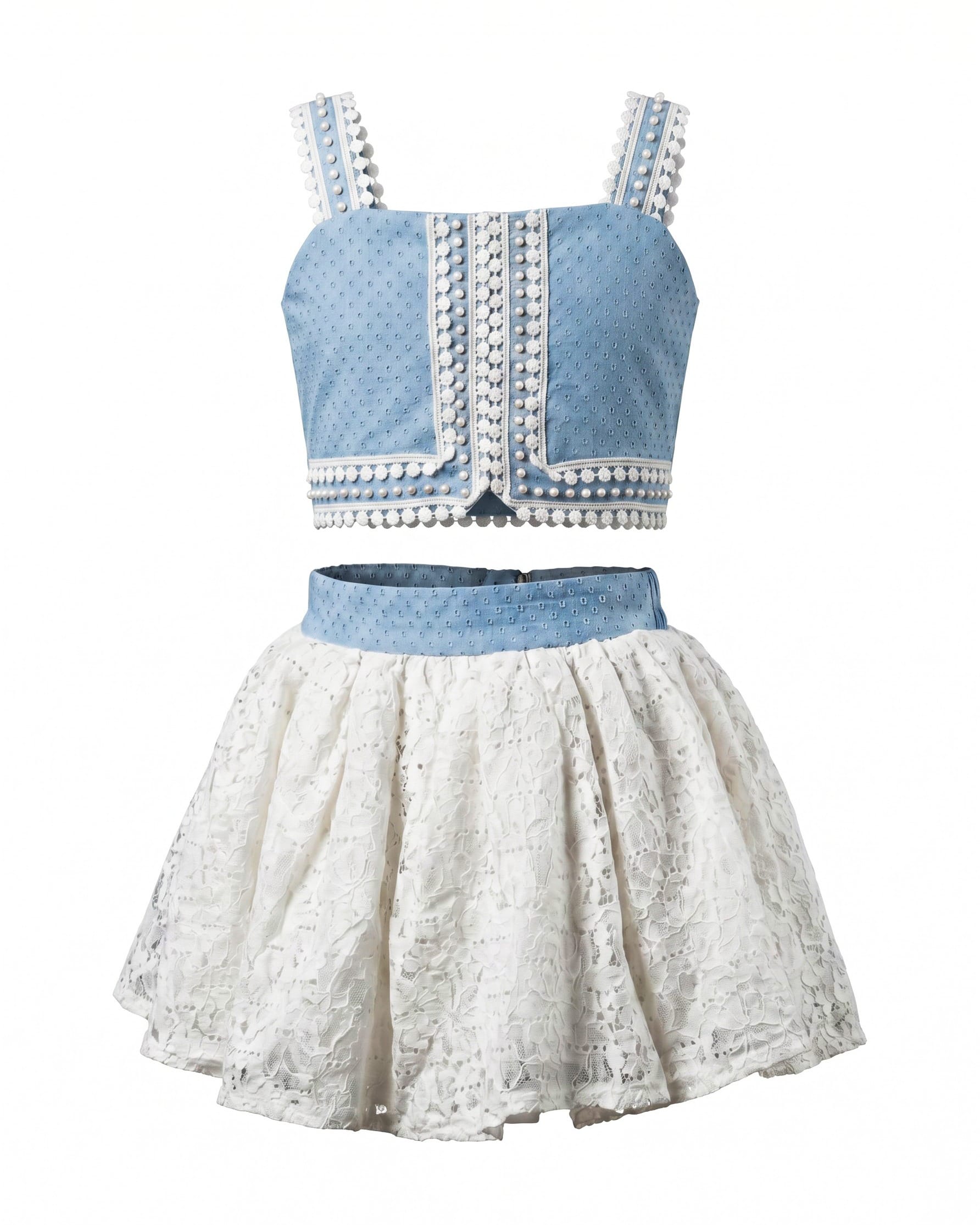 Girls Blue Lace & Denim Top and Skirt Set