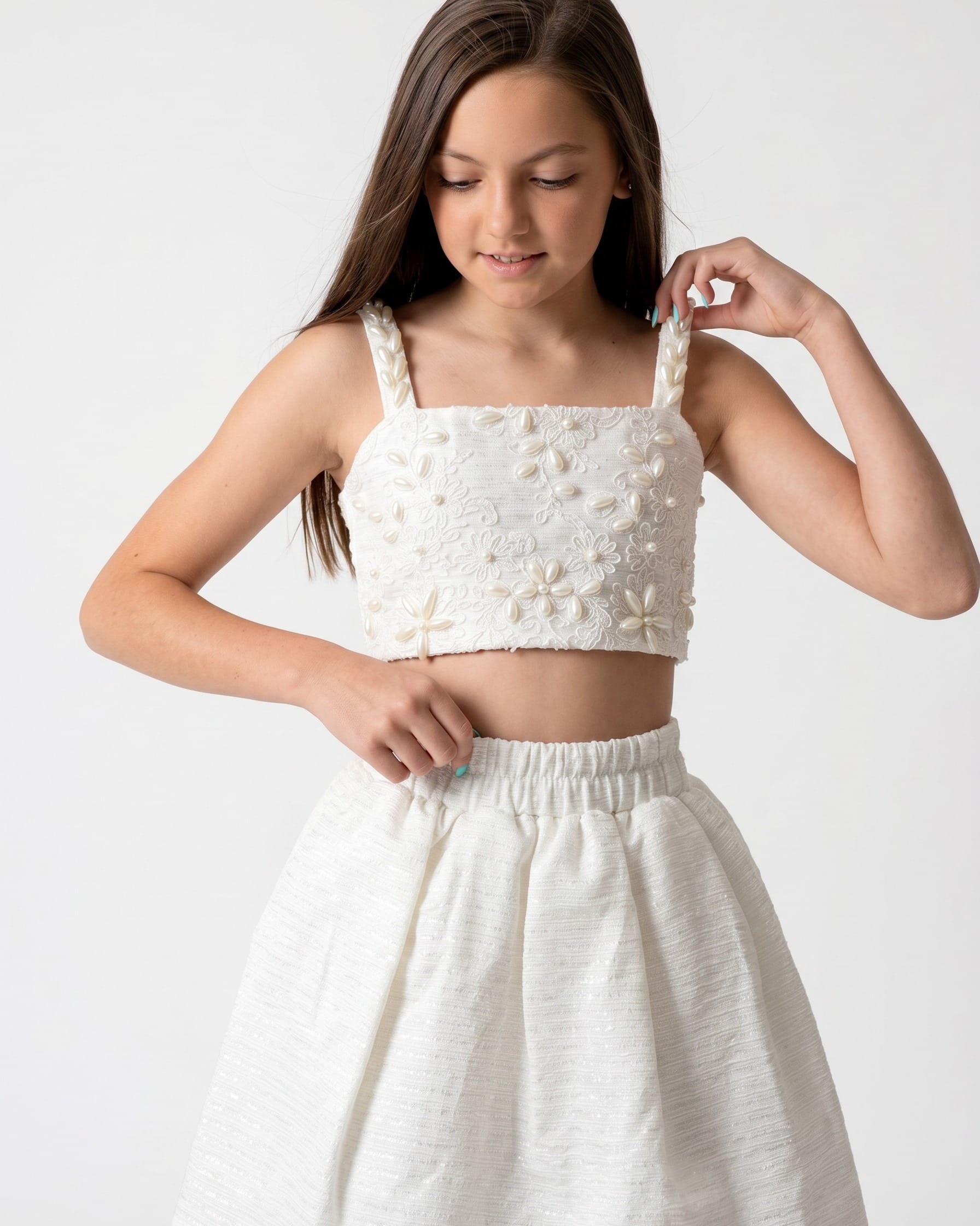 Girls Pearl-Embellished Top & Skirt Set