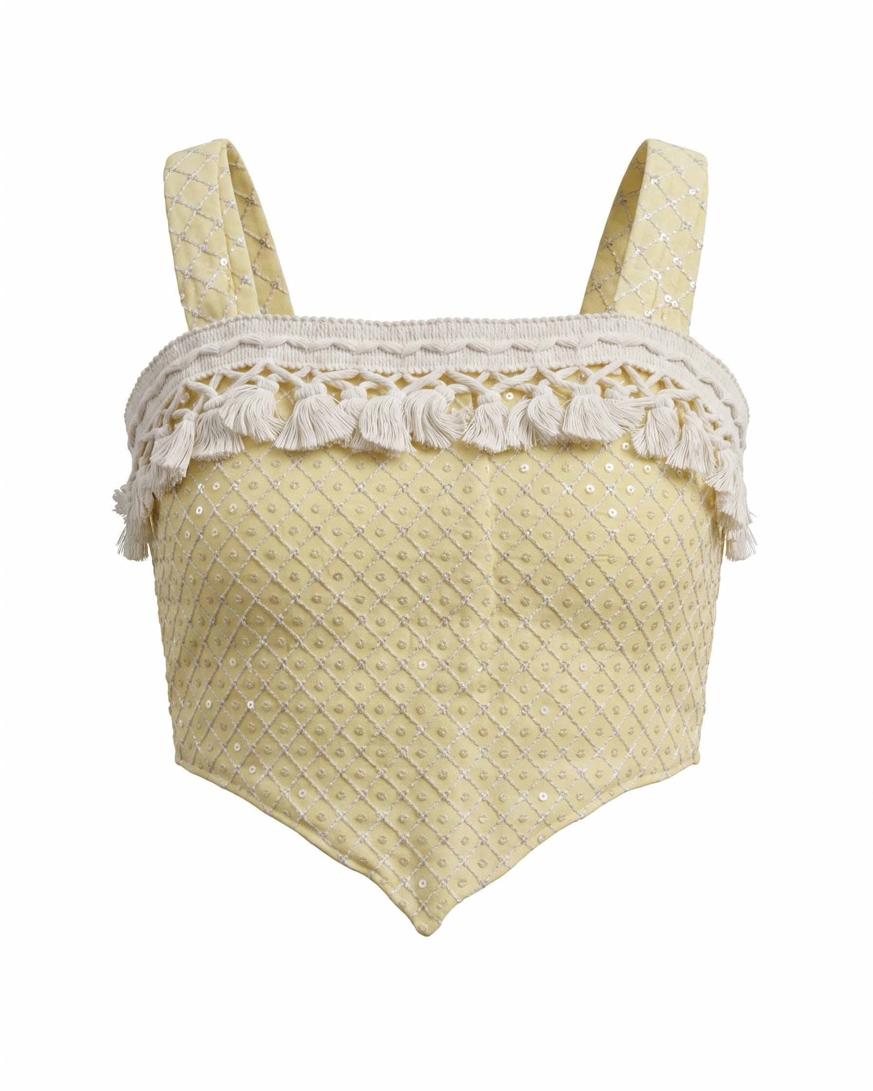 Yellow Embellished Crop Top with Tassel Trim