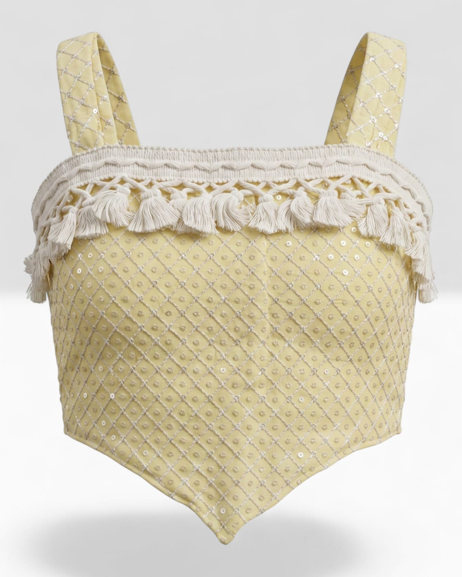 Yellow Embellished Crop Top with Tassel Trim