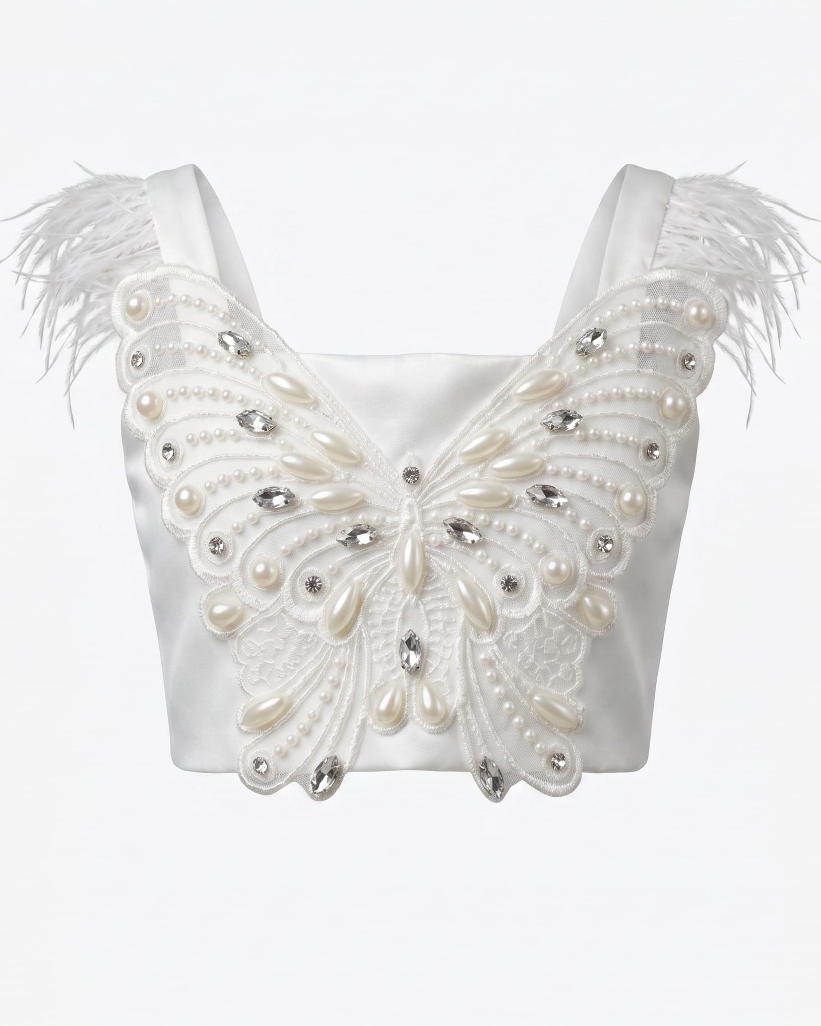 White Butterfly Pearl-Embellished Party Top for Girls