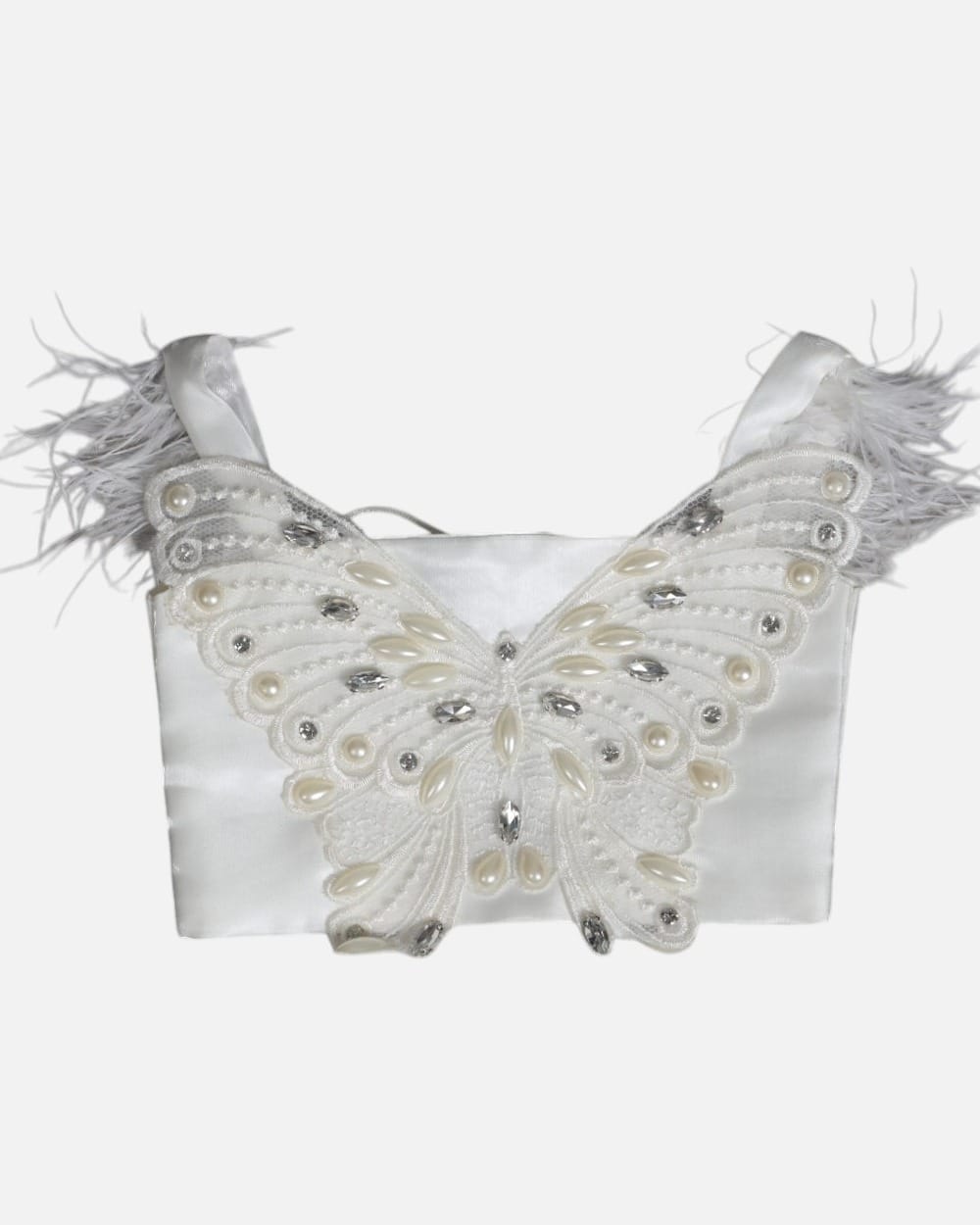 White Butterfly Pearl-Embellished Party Top for Girls