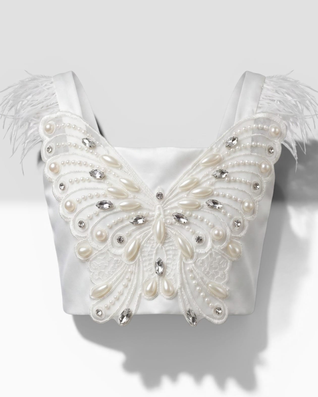 White Butterfly Pearl-Embellished Party Top for Girls