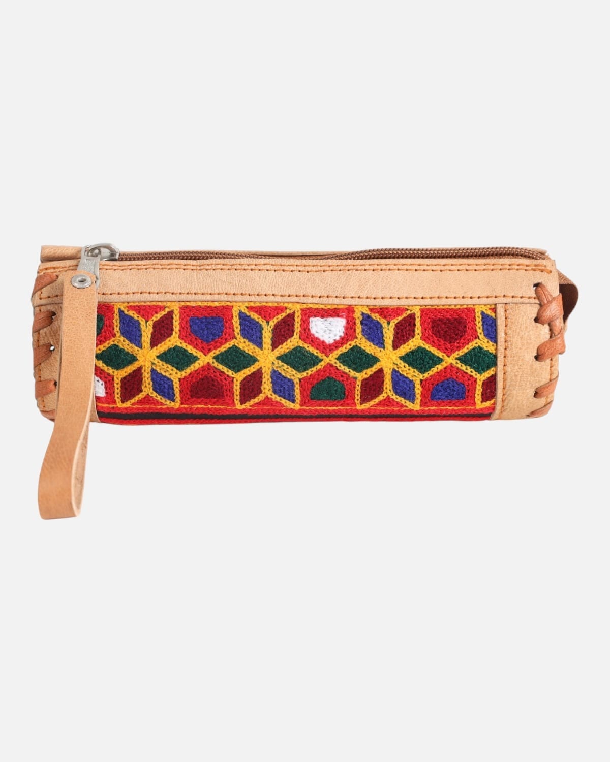 Tan Leather MultiColor Handwoven Pencil Case