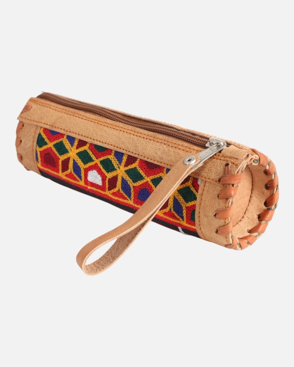 Tan Leather MultiColor Handwoven Pencil Case