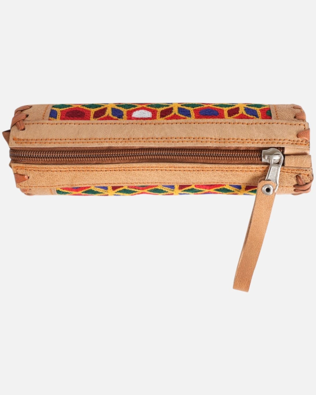 Tan Leather MultiColor Handwoven Pencil Case