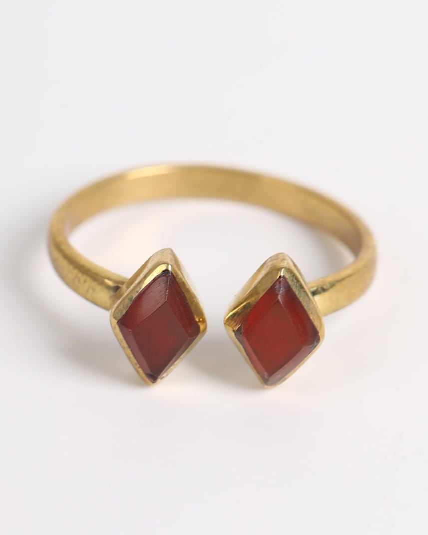 Deep Red Double-Stone Gold-Plated Silver Ring