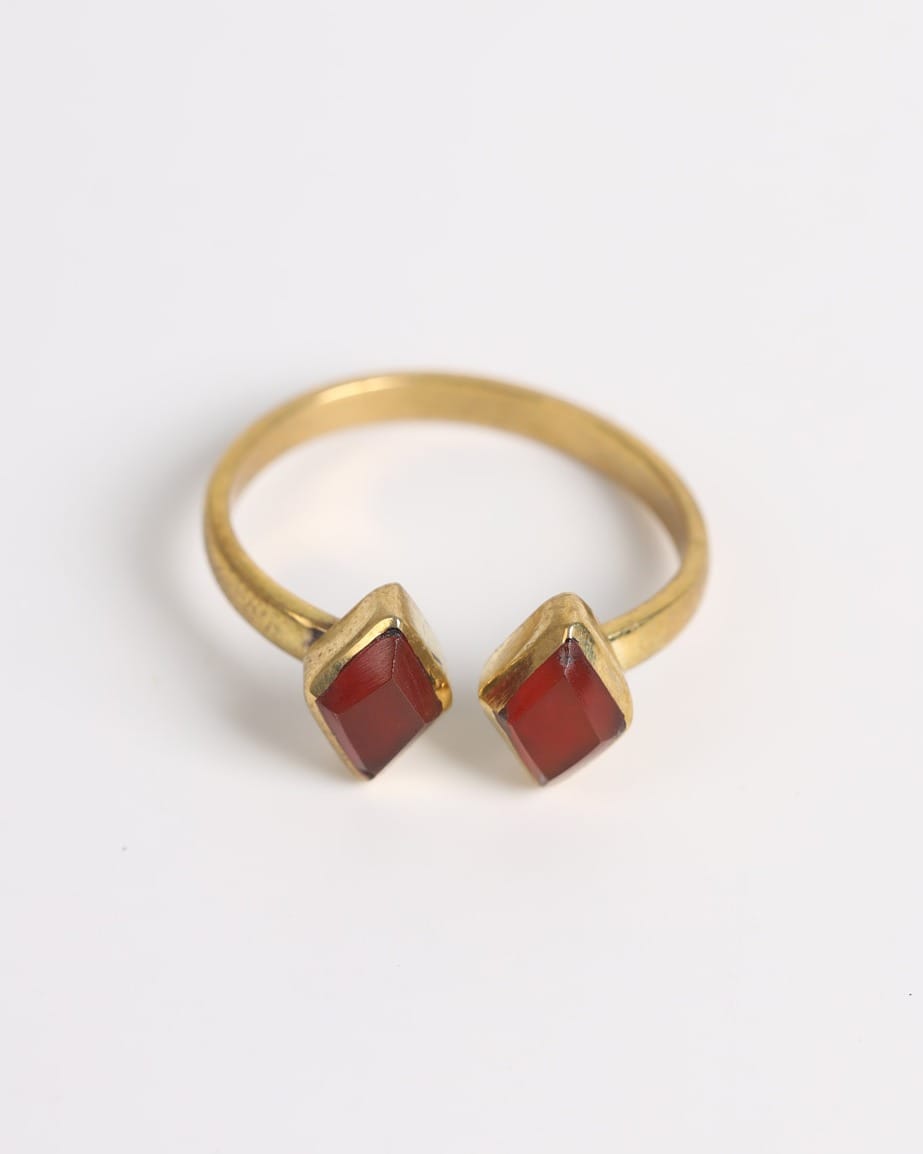 Deep Red Double-Stone Gold-Plated Silver Ring