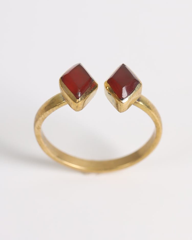 Deep Red Double-Stone Gold-Plated Silver Ring