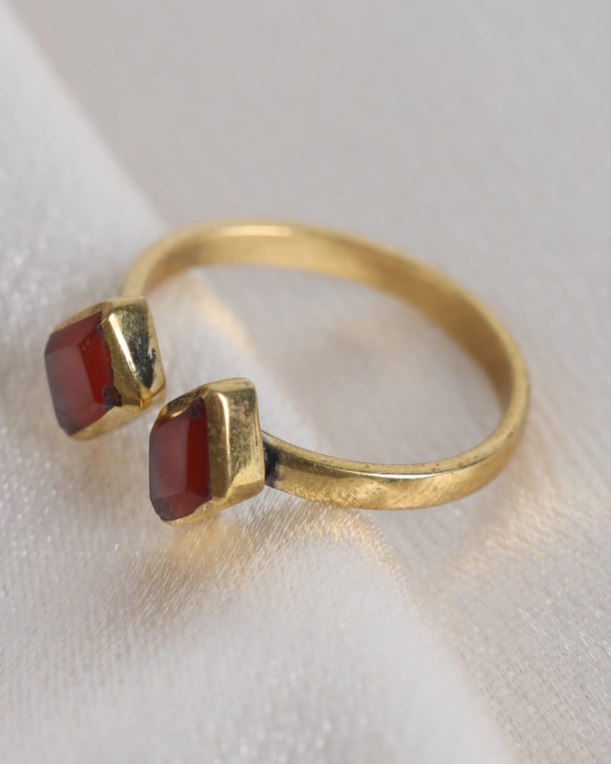 Deep Red Double-Stone Gold-Plated Silver Ring