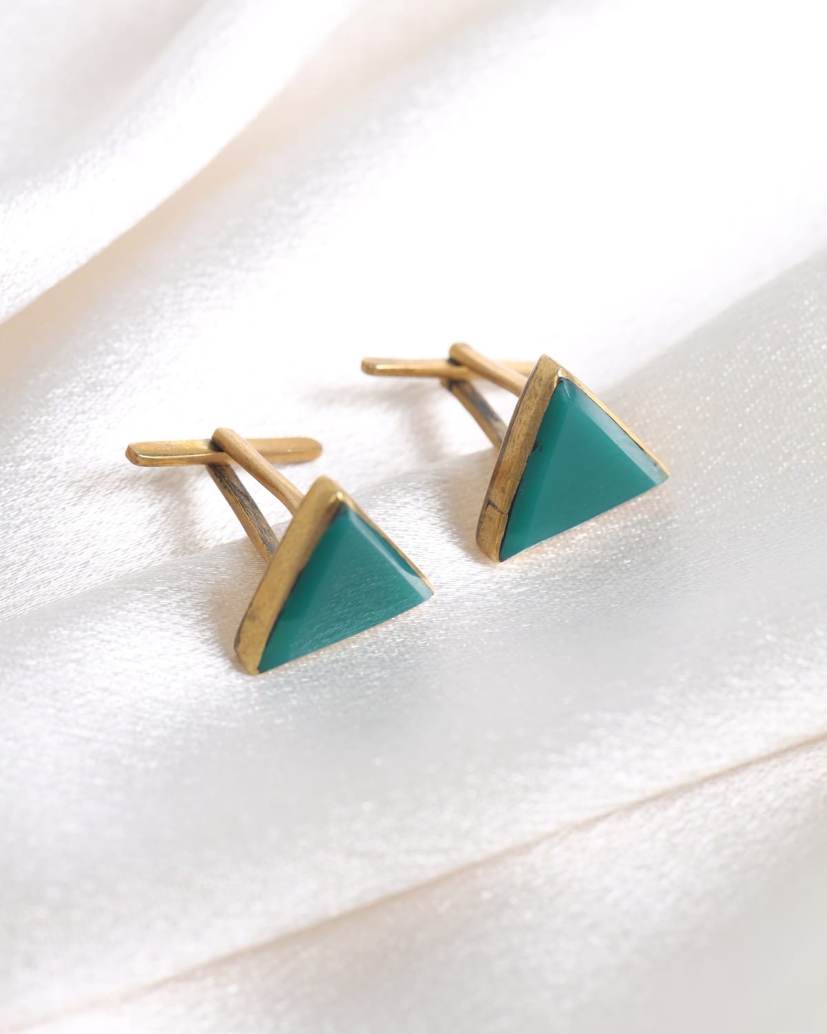 Teal Green Triangle Silver Cufflinks