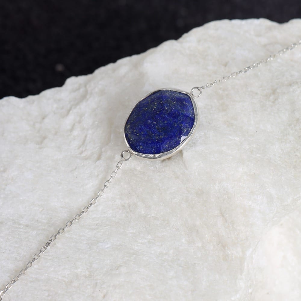 Deep Blue Oval Lapis Lazuli Silver Bracelet | Aseel