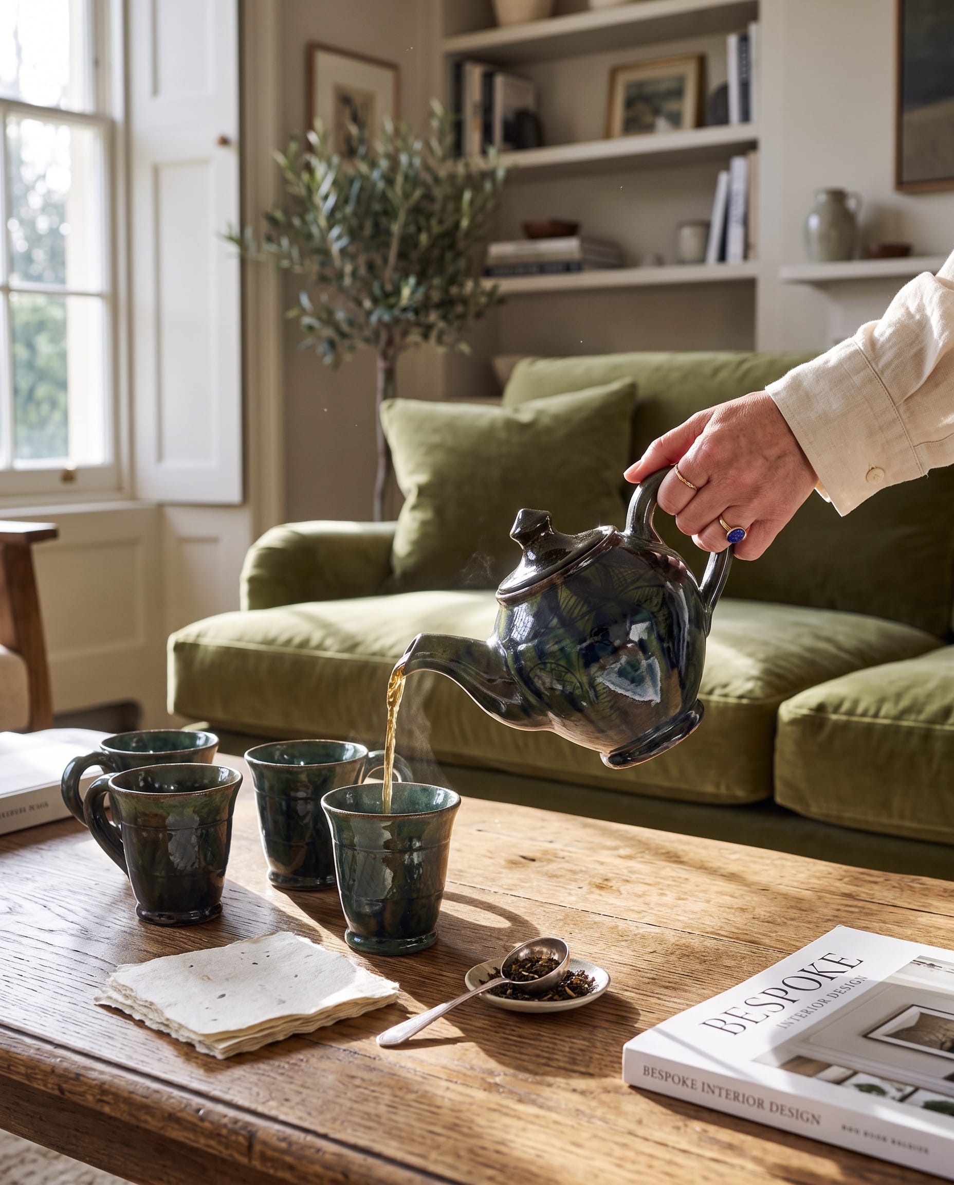 Dark Green Ceramic Teapot Set with 4 Matching Cups