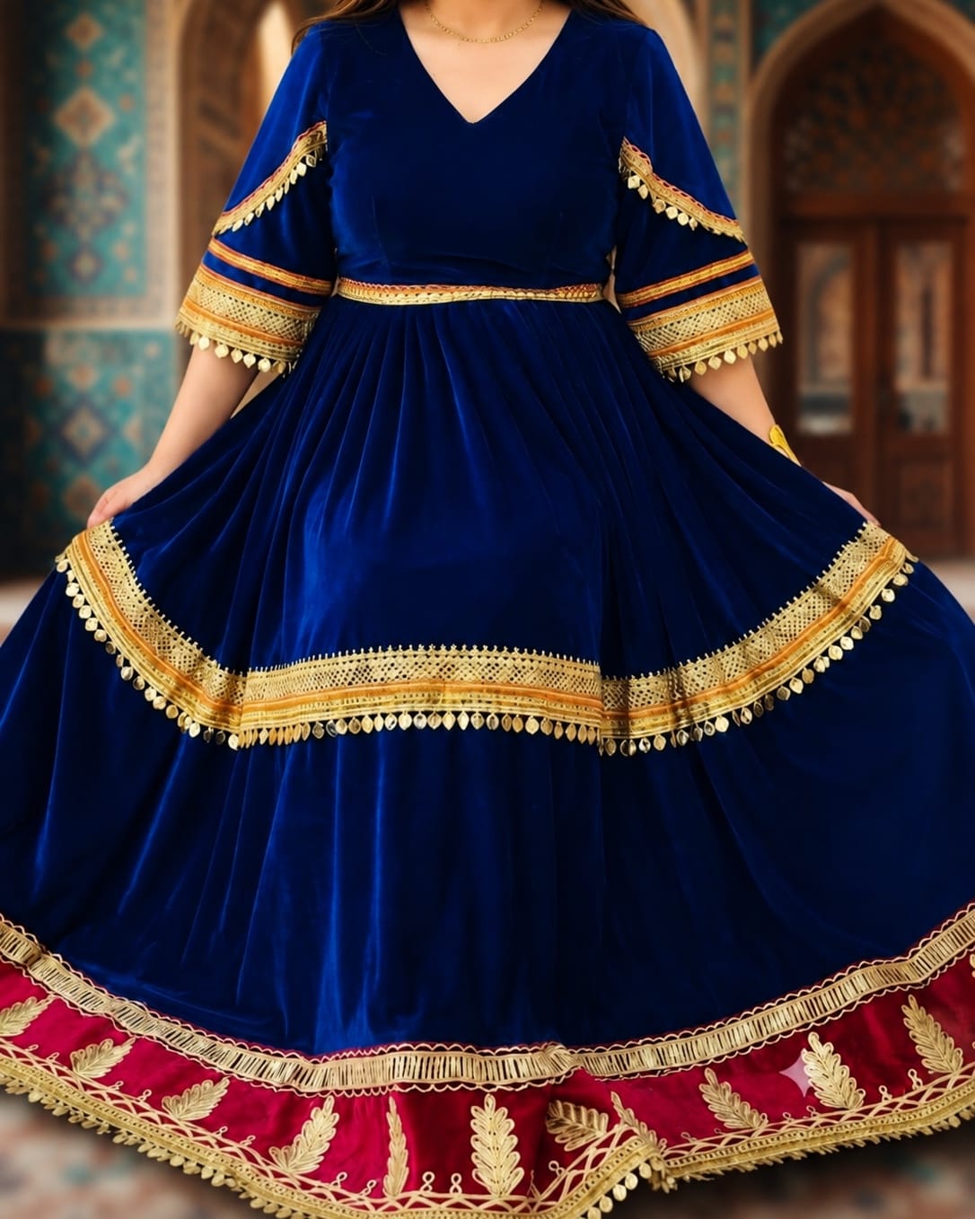 Traditional Afghan Handmade Velvet Dress – Royal Blue