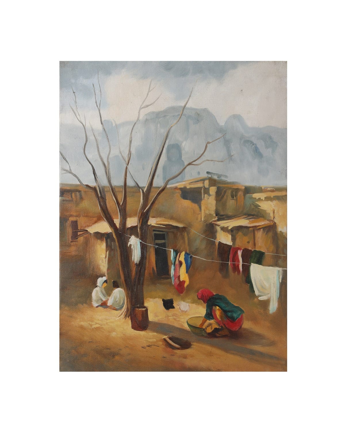 Village Laundry Scene Oil Painting