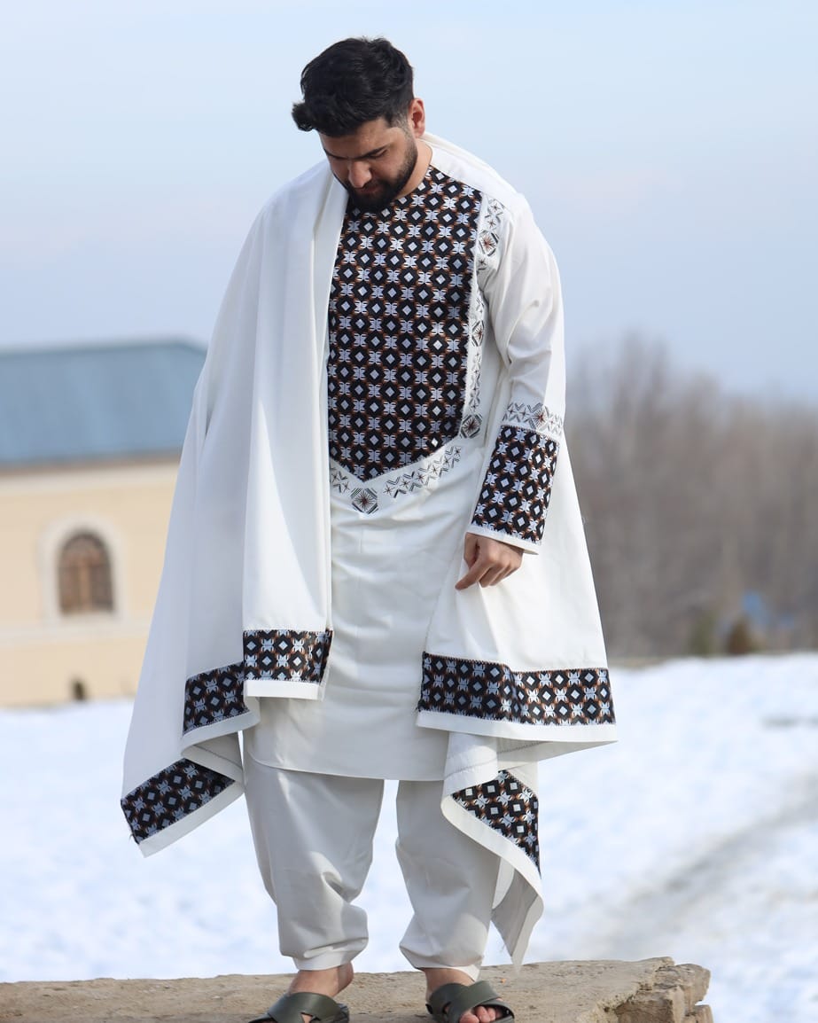 Clothes for Men Afghan White Shalwar Kameez with Shawl