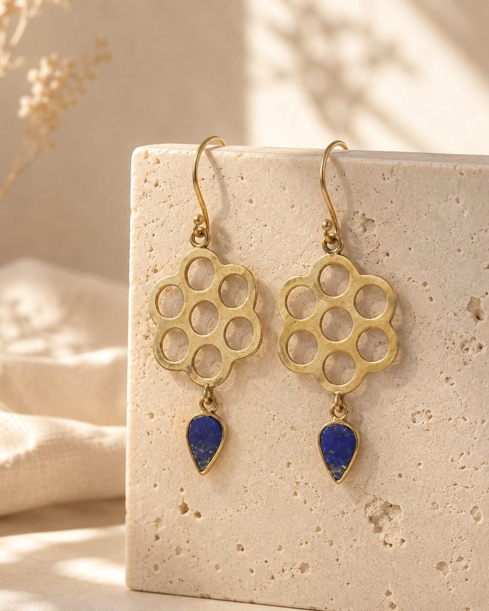 Blue Stone Brass Earrings