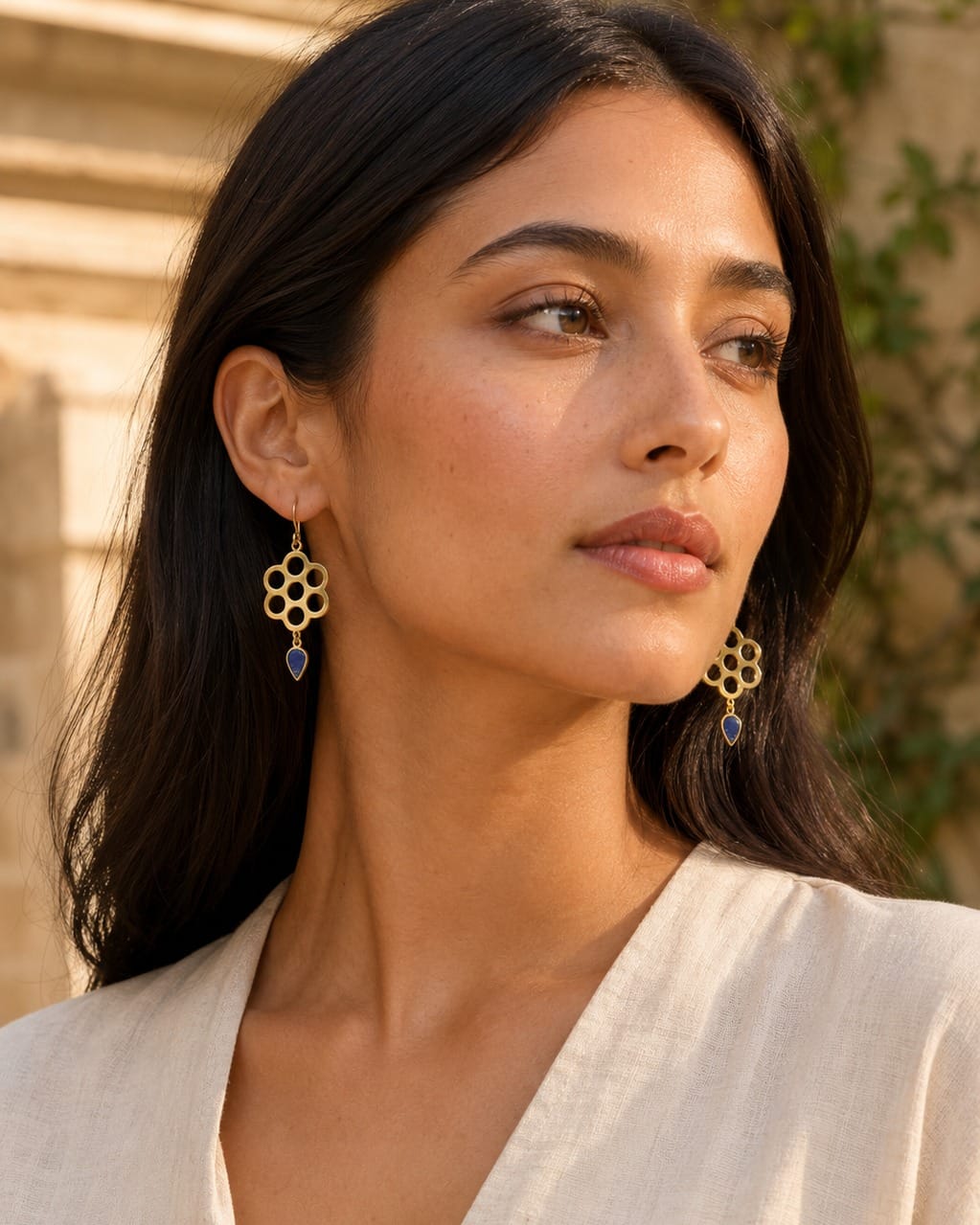 Blue Stone Brass Earrings