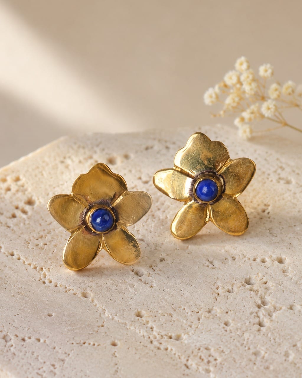 Lapis Flower Brass Earrings