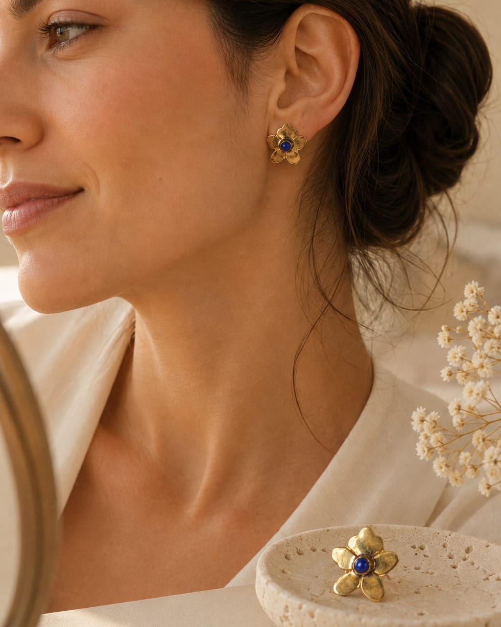 Lapis Flower Brass Earrings