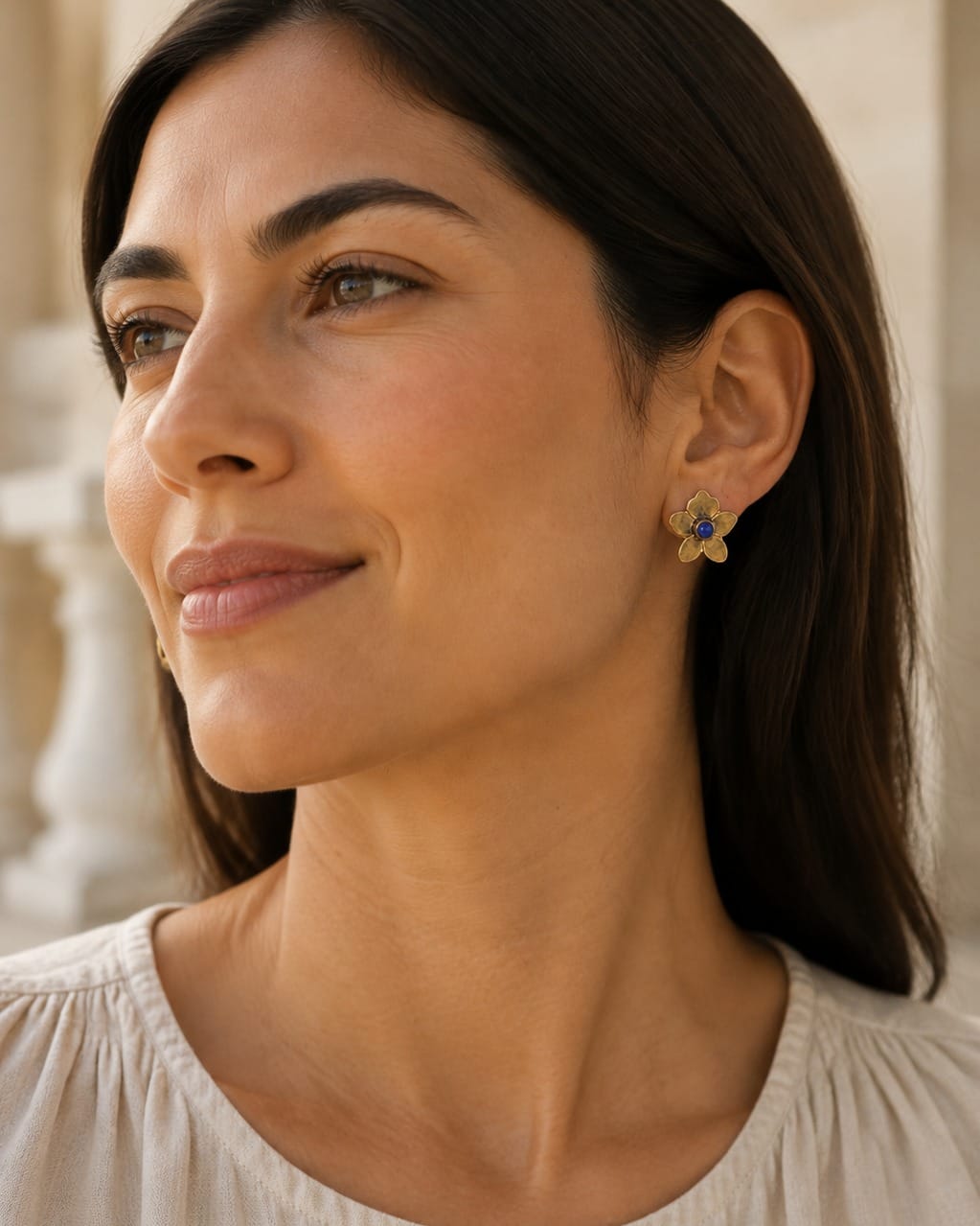 Lapis Flower Brass Earrings