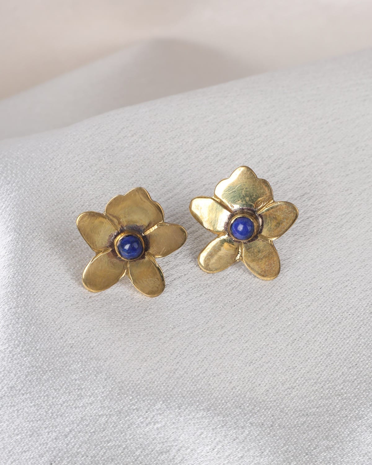 Lapis Flower Brass Earrings