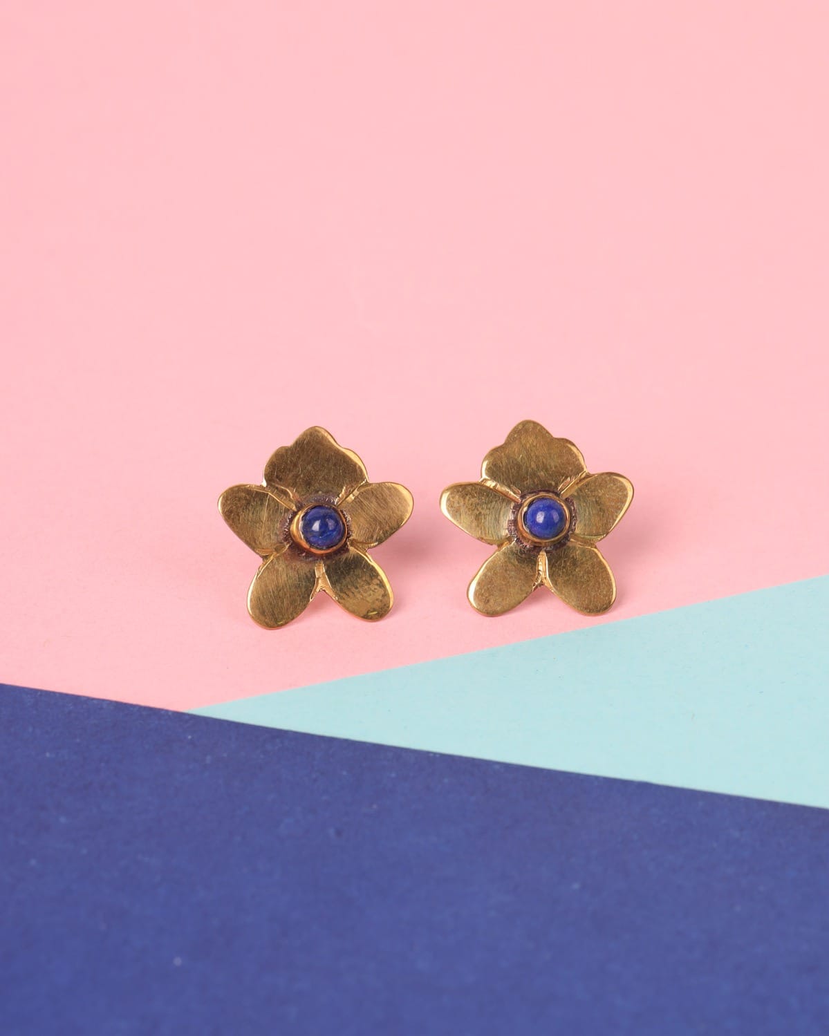 Lapis Flower Brass Earrings