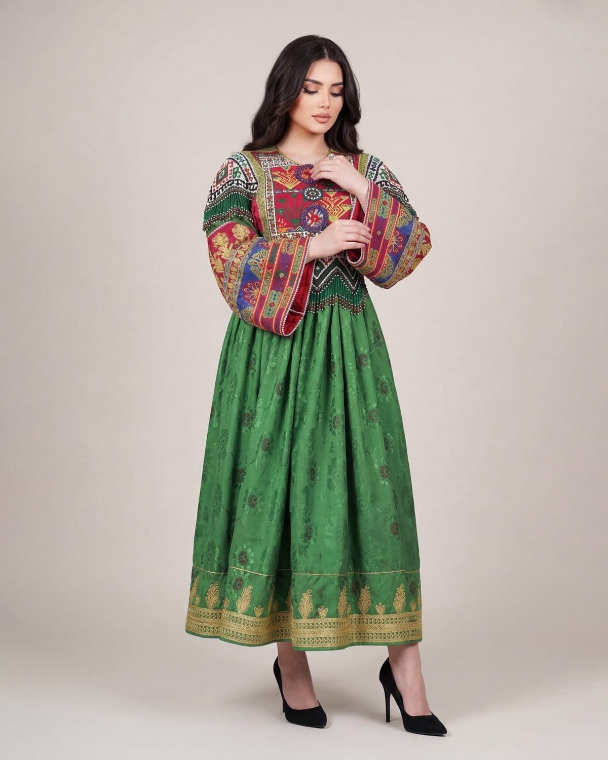 Afghan Gand Dress - Green with Traditional Embroidery