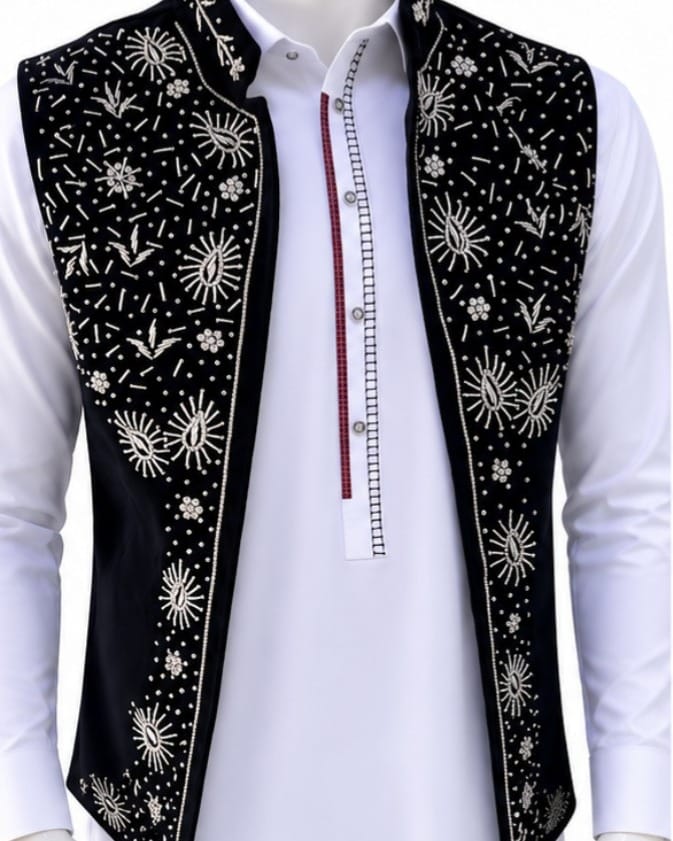 Afghan Man’s Traditional White Outfit with Black Embroidered Waistcoat