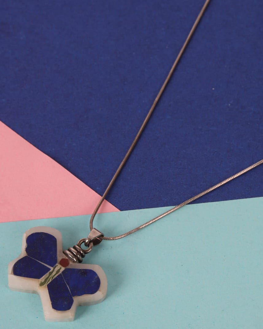 Blue Butterfly Afghan Silver Pendant