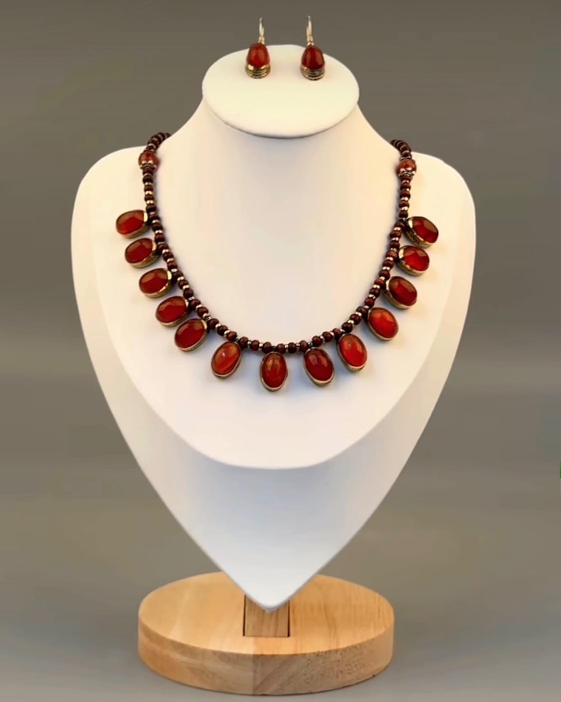 Coral Antique Jewelry Set | Red Bezel Choker Necklace with Teardrop Earrings