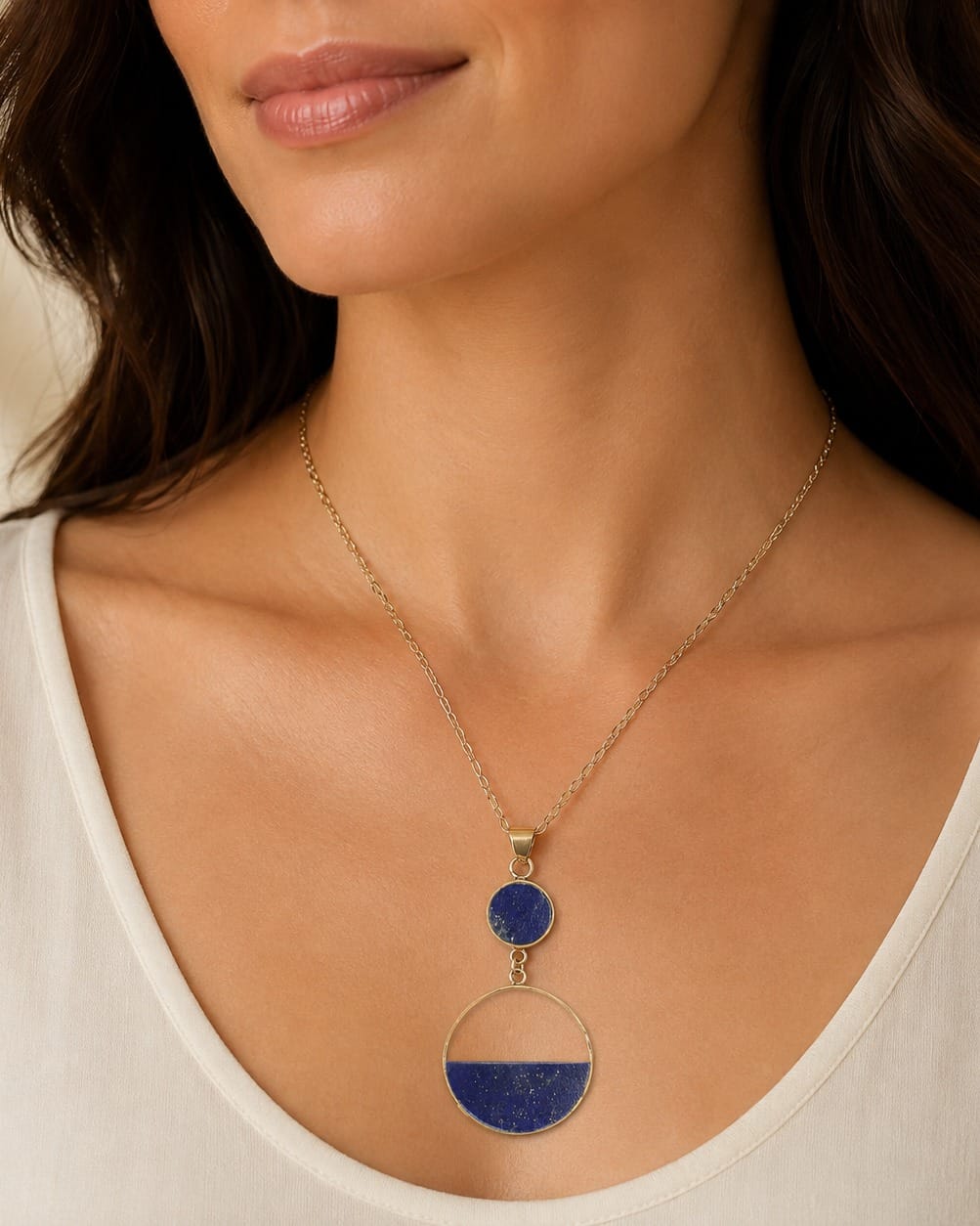 Lapis Lazuli Bronze Pendant | Drop Half Moon Chain Locket