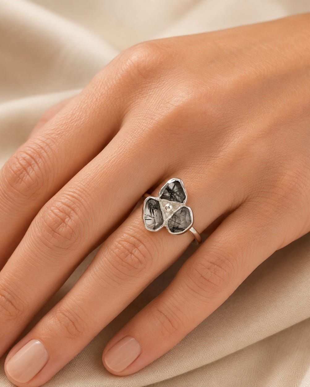 Black Quartz Silver Ring