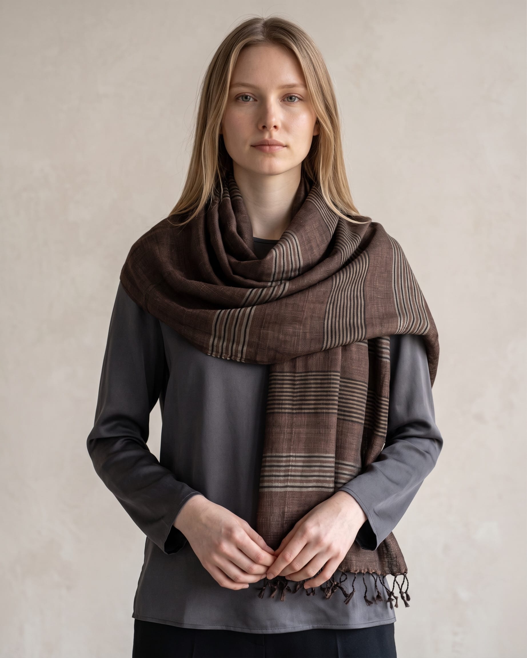 Dark Walnut Pure Silk Shawl with Fine Gray Stripes