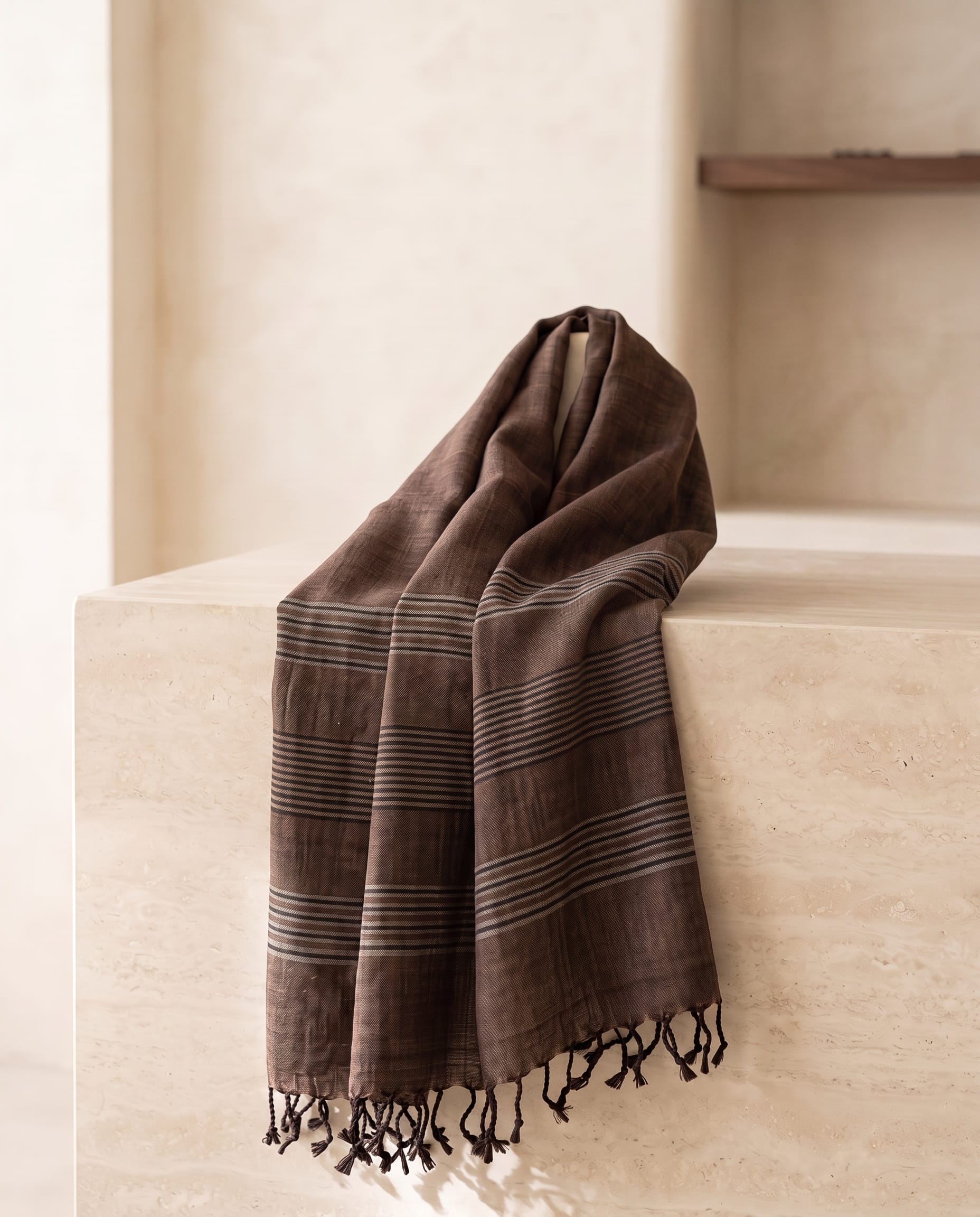 Dark Walnut Pure Silk Shawl with Fine Gray Stripes