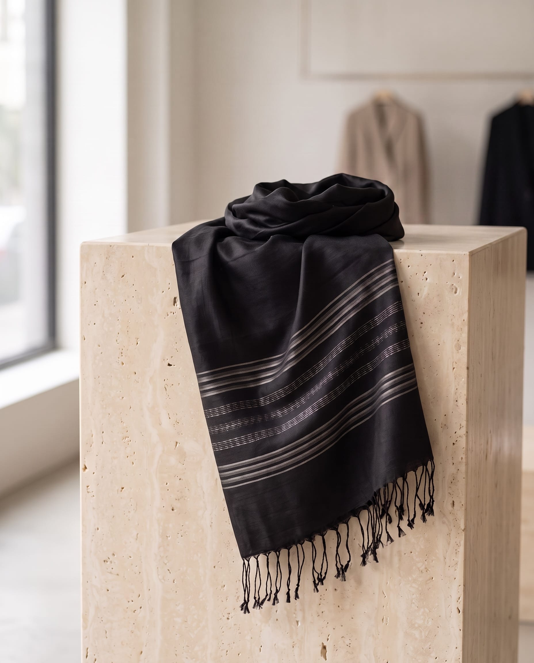 Black Pure Silk Shawl with Silver Stripes
