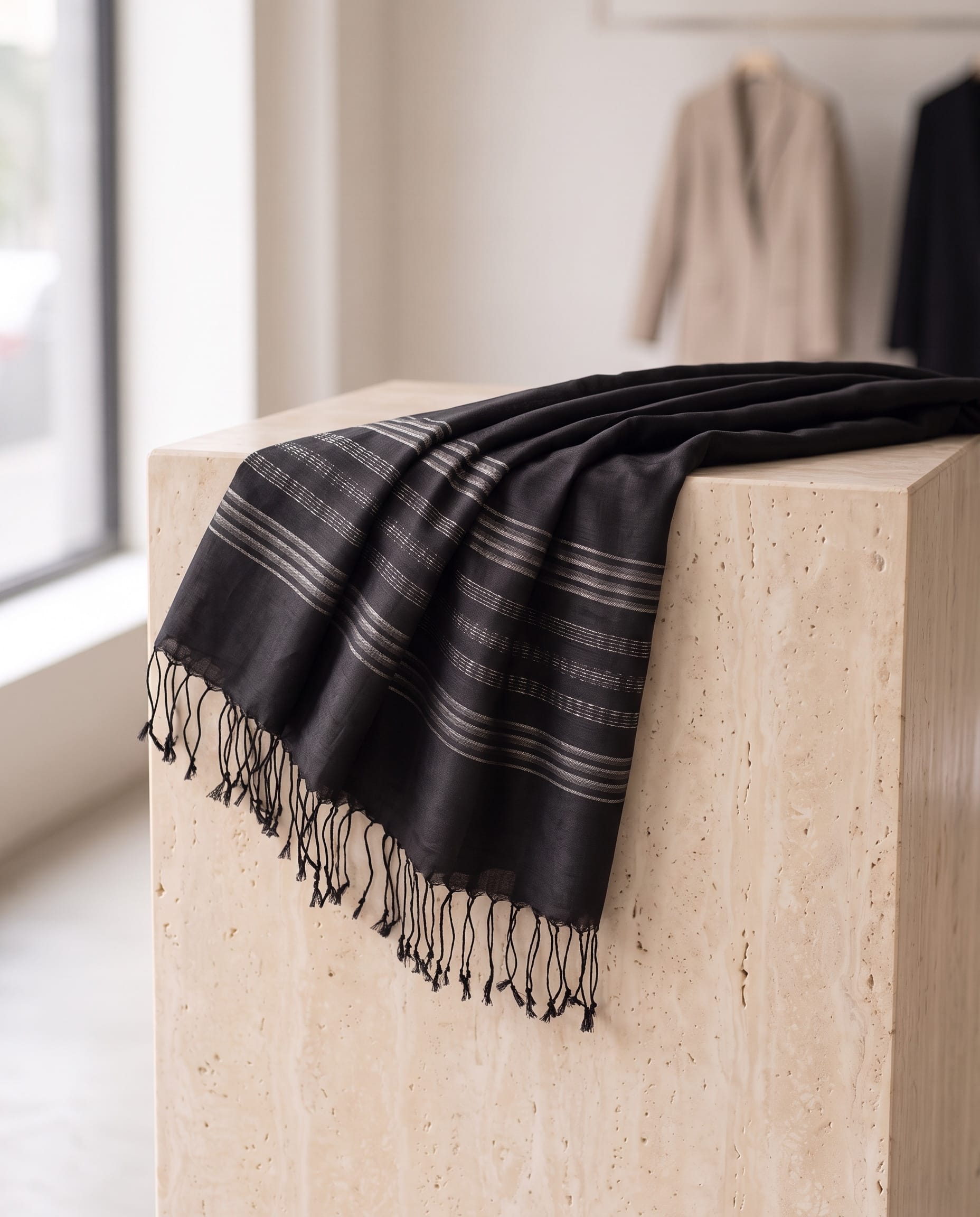 Black Pure Silk Shawl with Silver Stripes