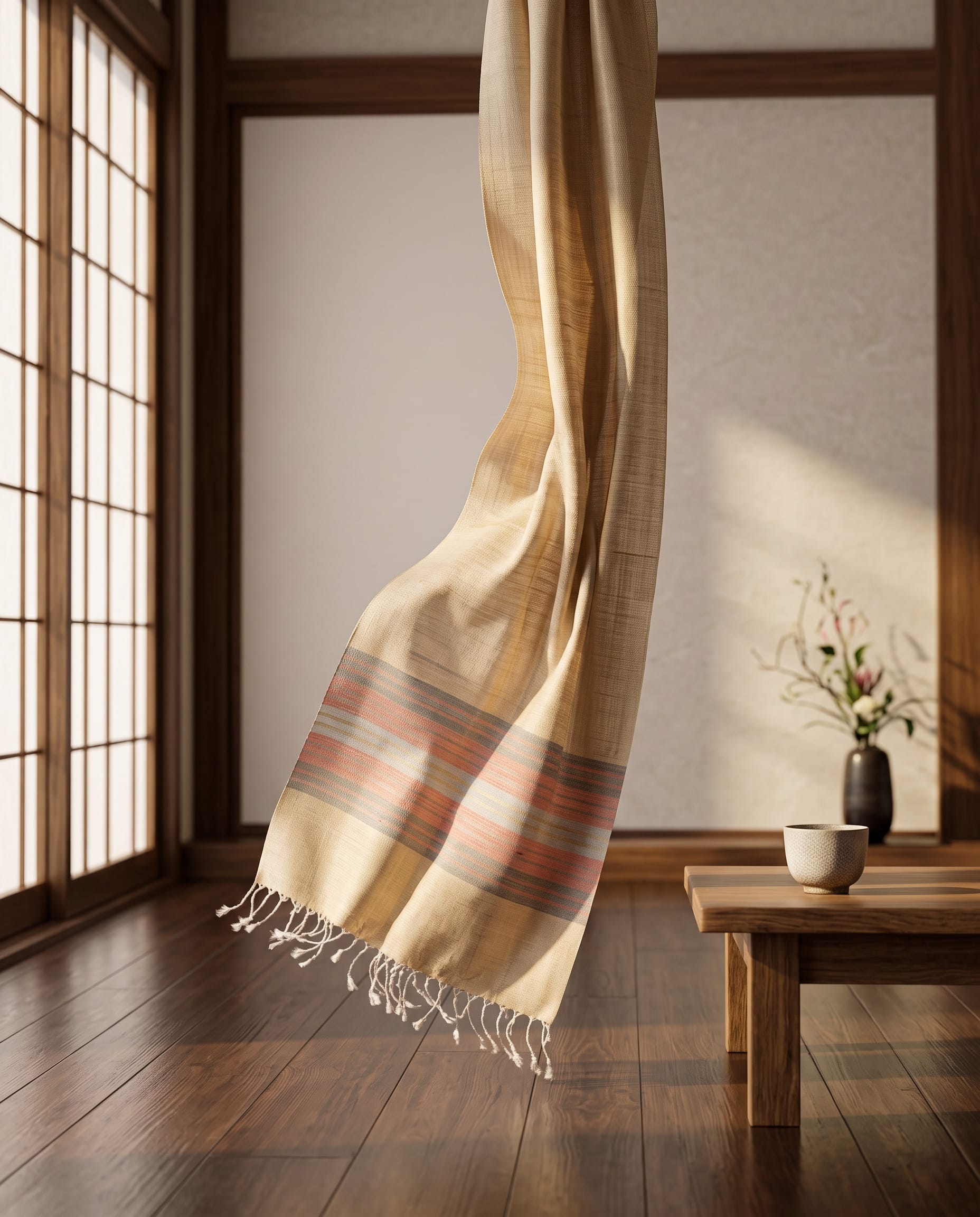 Ivory Silk Shawl with Coral Stripes