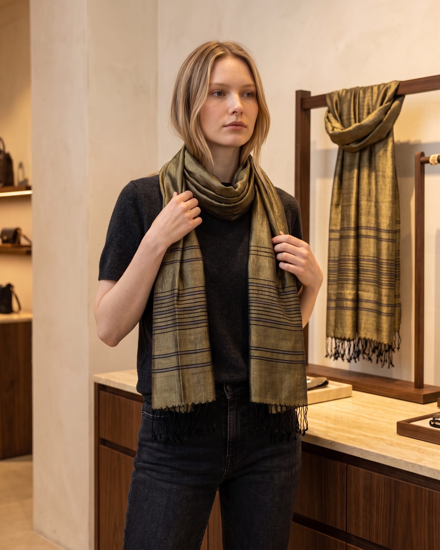 Olive Silk Shawl with Black Stripes Premium