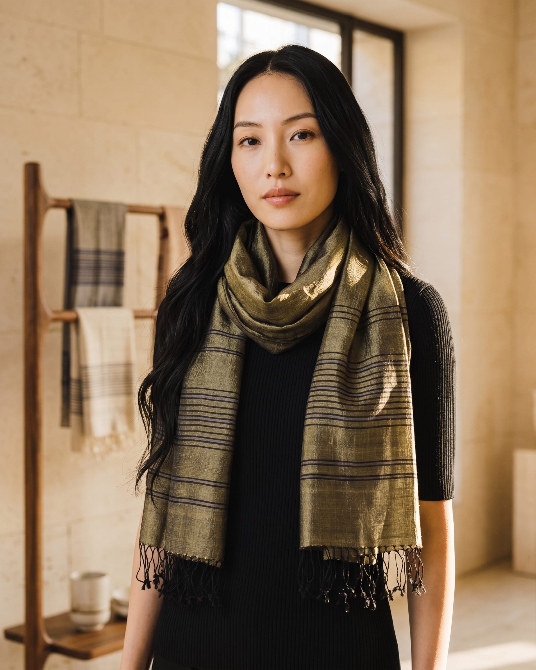 Olive Silk Shawl with Black Stripes Premium