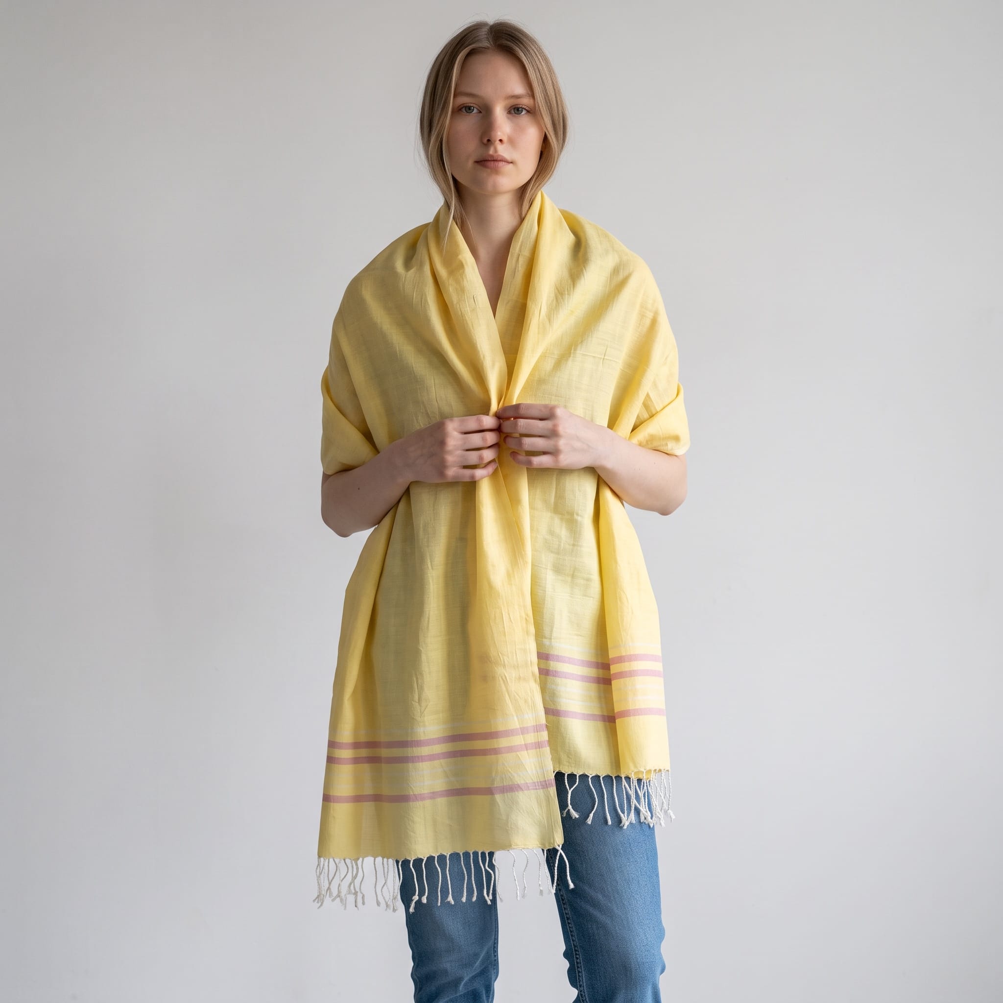 Saffron Yellow Pure Silk Shawl with Blush Stripes