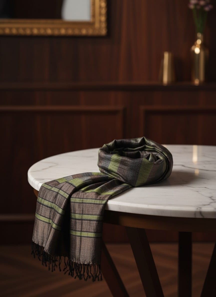 Olive Green, Charcoal Gray and Brown Striped Pure Silk Shawl